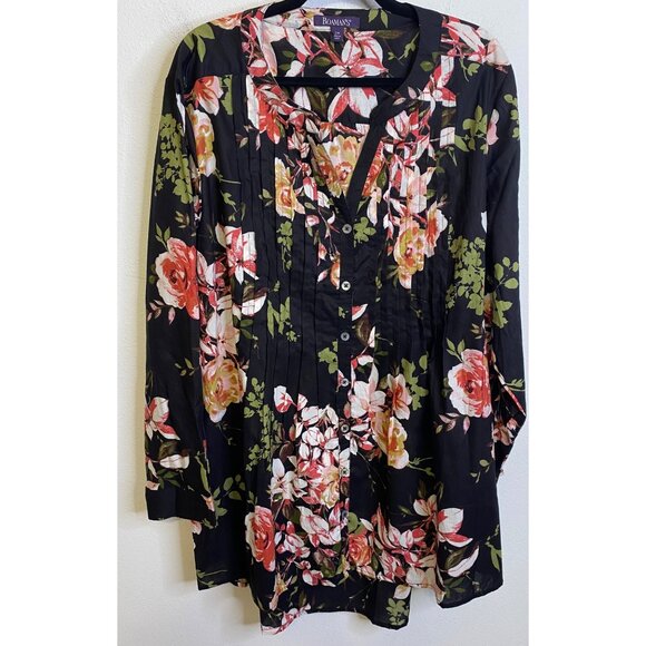 Roamans BLACK Floral Pintuck Button Front Tunic Top Size 22W Long Sleeve - Picture 1 of 4